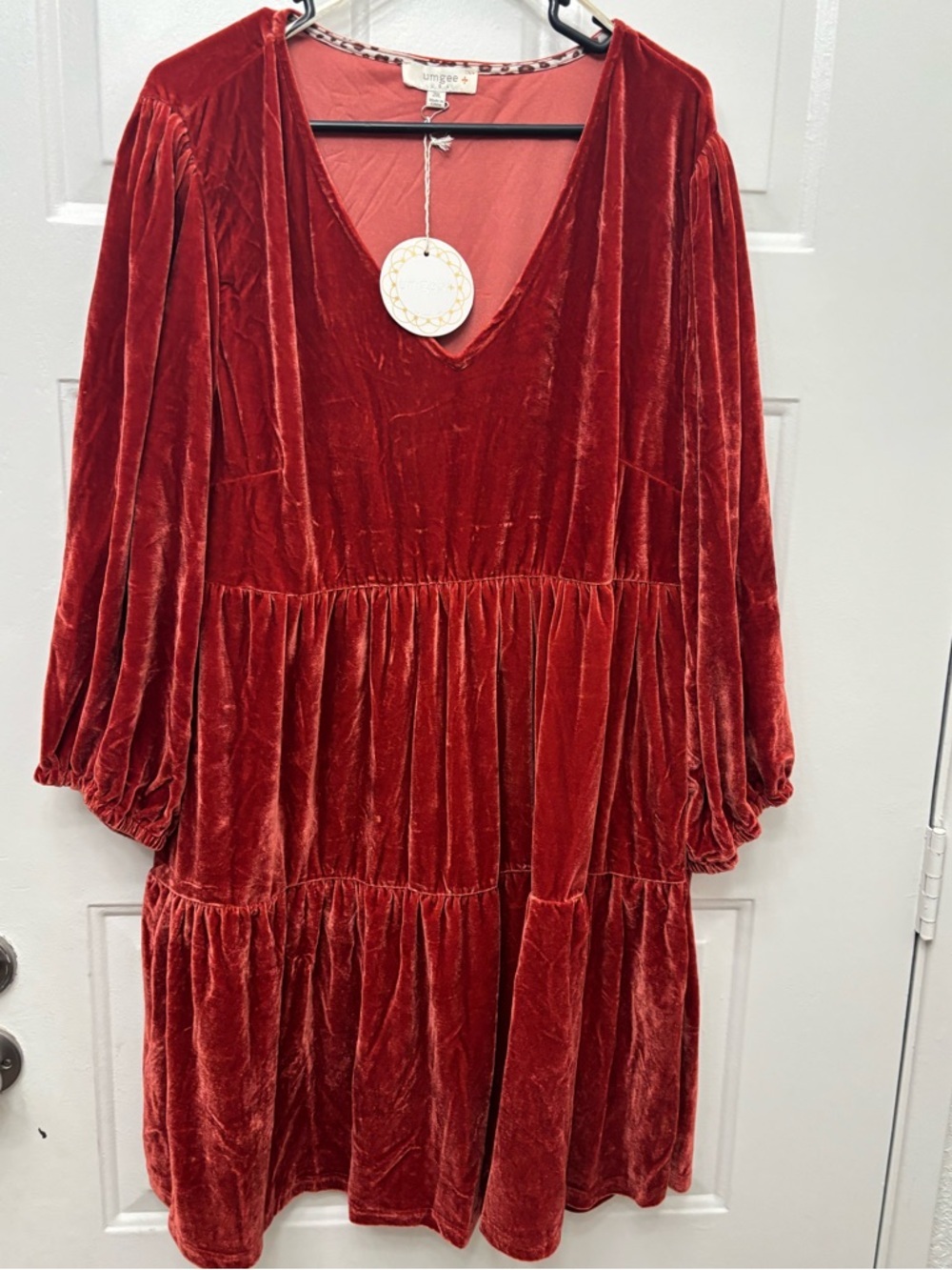 Umgee Rust Red Velvet V-Neck Tiered Dress